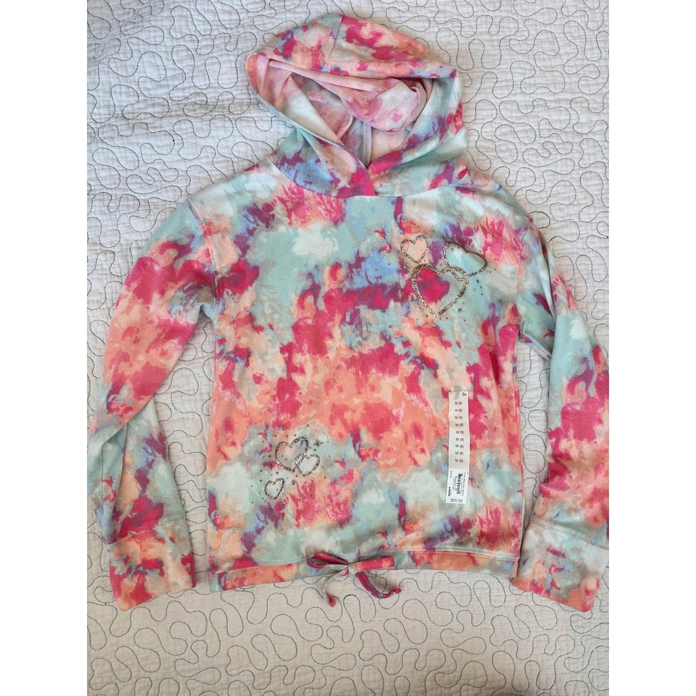 SO Girls Tie Dye Hoodie Shirt with Heart Rhinestone Accents Size Medium (8) #93